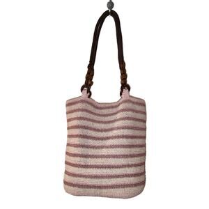 Studio Works - Pink & Cream Stripe Woven Bag w/ Wood Strap Accents